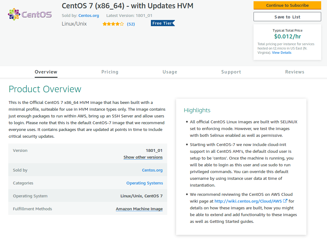 CentOS image page on the AWS marketplace